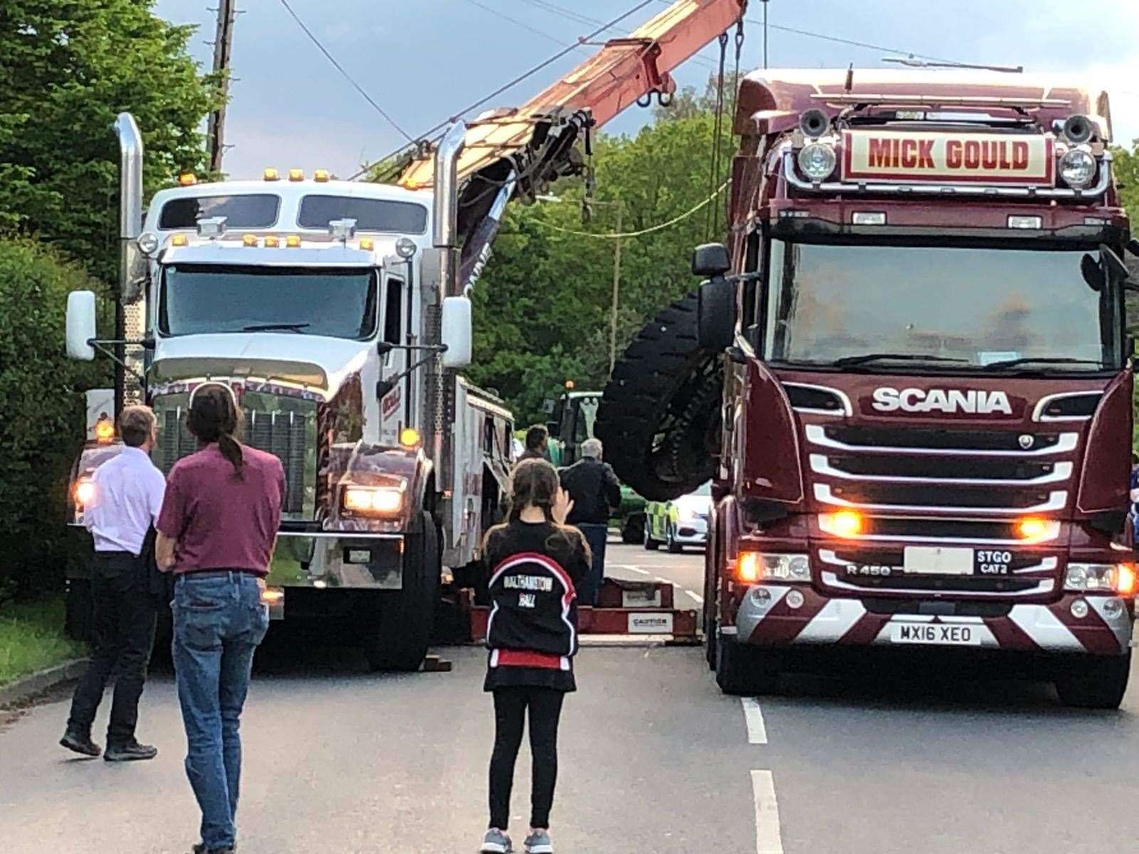 Two recovery trucks were needed to rescue Nightmare the steam traction engine when it lost one of its rear wheels on the B245 at Hildenborough. Picture via Jackie Nixon