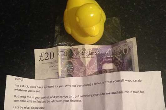 Sarah Hammersley and her son Lewis found this duck with a £20 note