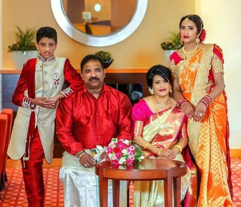 Mr Kuhatherrshan at his daughter's saree ceremony in 2018. (Left to right) Visvajit, Kuhan, Geetha, Luckshica). Picture: Luckshica Kuhatherrshan