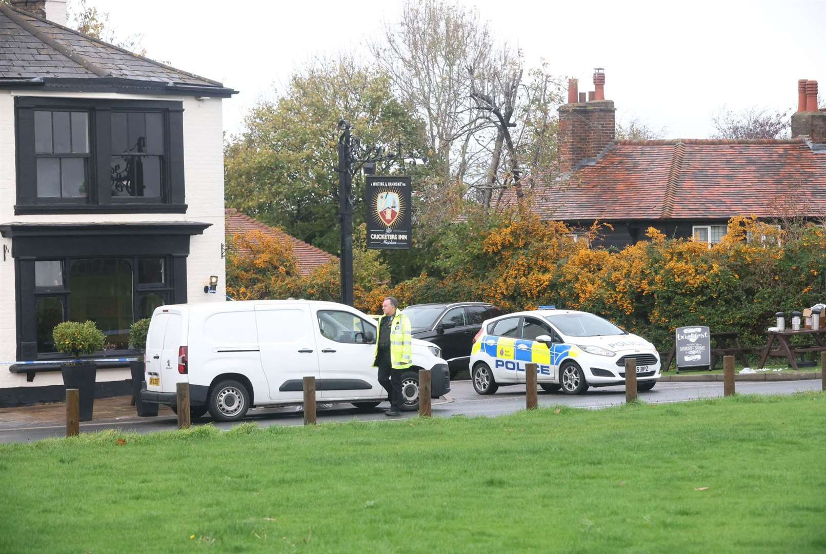 Police at the Cricketers Inn pub after landlord David Brown was allegedly attacked by Batista and his brother-in-law Craig Allen. Picture: UKNIP