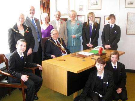 The Mayor and Mayoress of Swale Cllr Steve Worrall and Therese Davies, with Ted Jordan, his wife Shirley and their son and daughter-in-law David and Jan with pupils from the Isle of Sheppey Academy