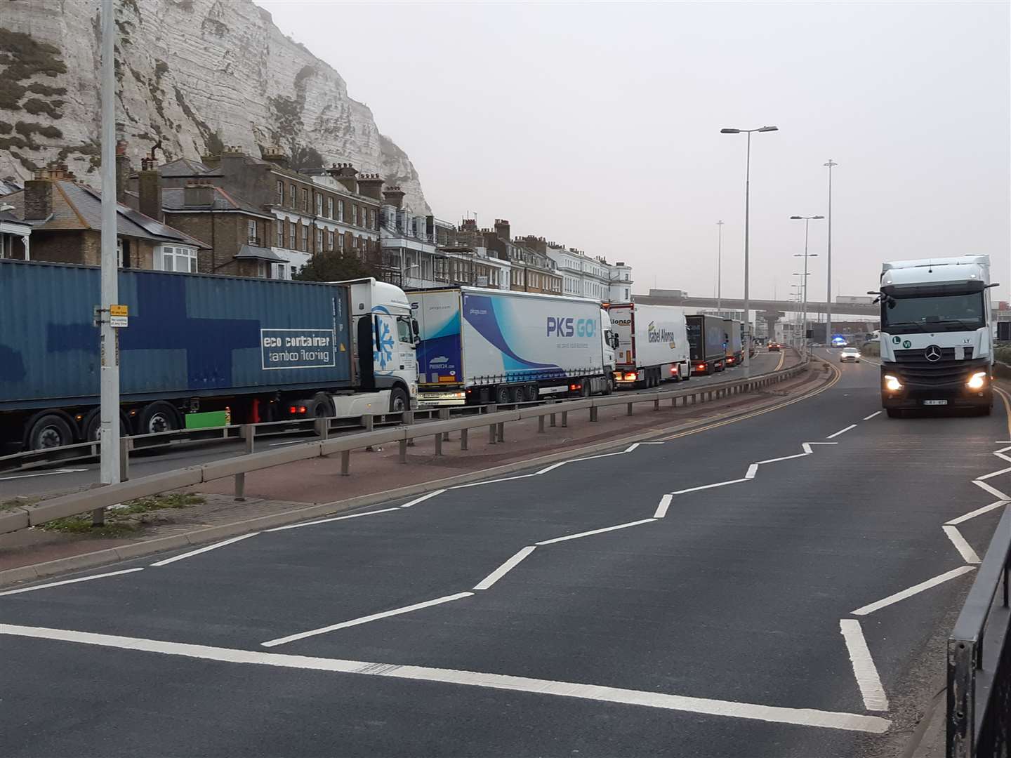 There are long queues on the A20 Townwall Street in Dover