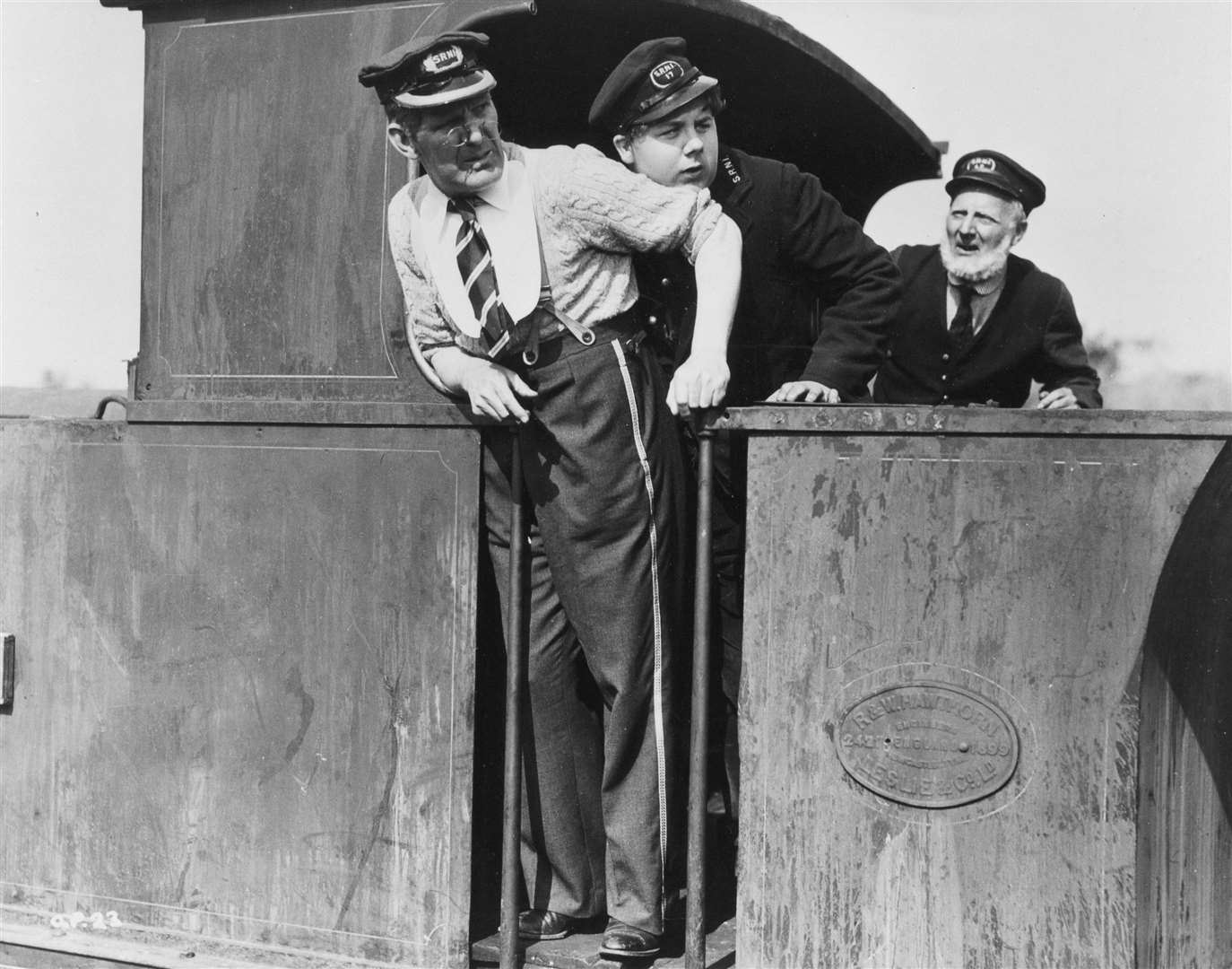 Actor Will Hay and others on board the KESR loco Northiam, renamed Gladstone for Oh Mr Porter!