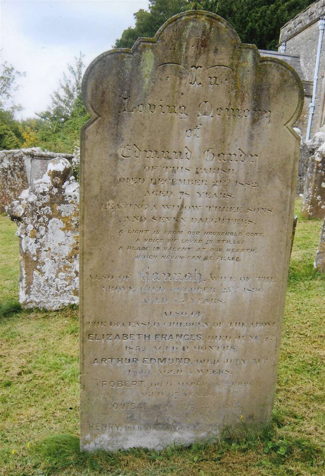Edmund Gandy's gravestone in St Peter's churchyard in Boughton Monchelsea