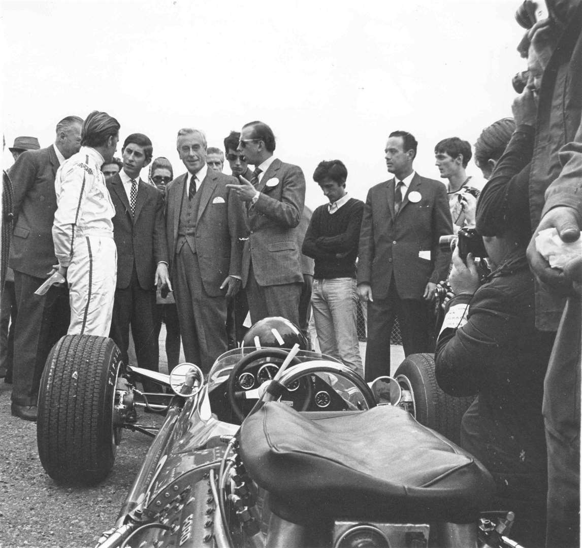 Prince Charles drove to Brands Hatch in his blue MGC GT car in July 1968, where he went to the Paddock and met some of the top Grand Prix stars including Graham Hill