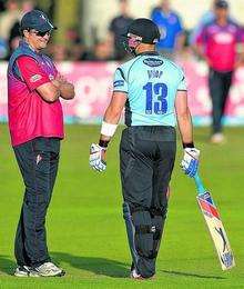Kent skipper Rob Key talks to match-winner Matt Prior of Sussex Sharks before eventually dismissing him with a diving catch.