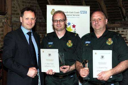 Jason Moat (middle) and Jonathan Hope (right) and South East Coast Ambulance chief executive Paul Sutton