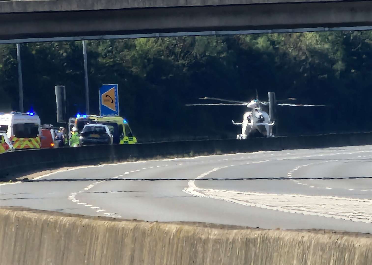 An air ambulance has landed after a crash on the M25 between a motorbike and a car. Picture: Mr Hazle