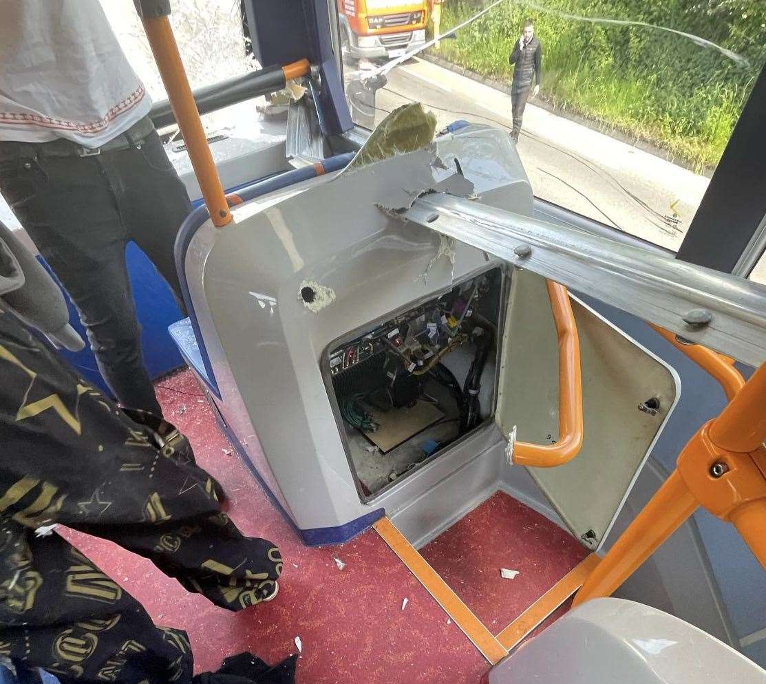 The metal strut narrowly missed Ellie Joels' neck while she was travelling on a Stagecoach bus in Sturry Road, Canterbury. Picture: Ellie Joels