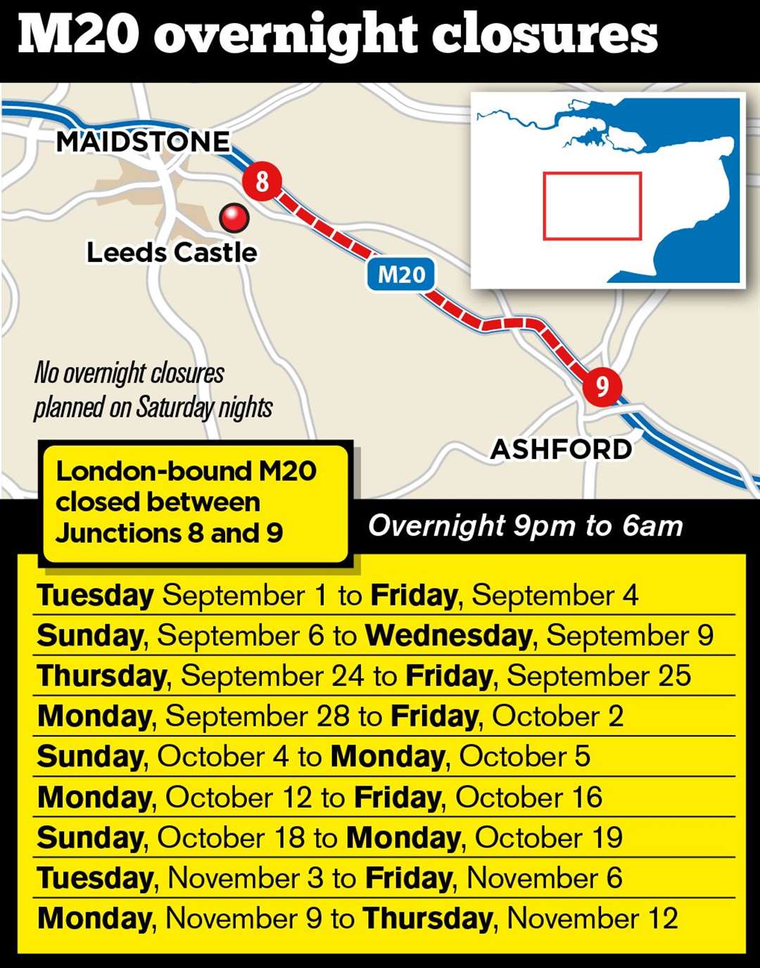 The London-bound M20 closures planned by Highways England