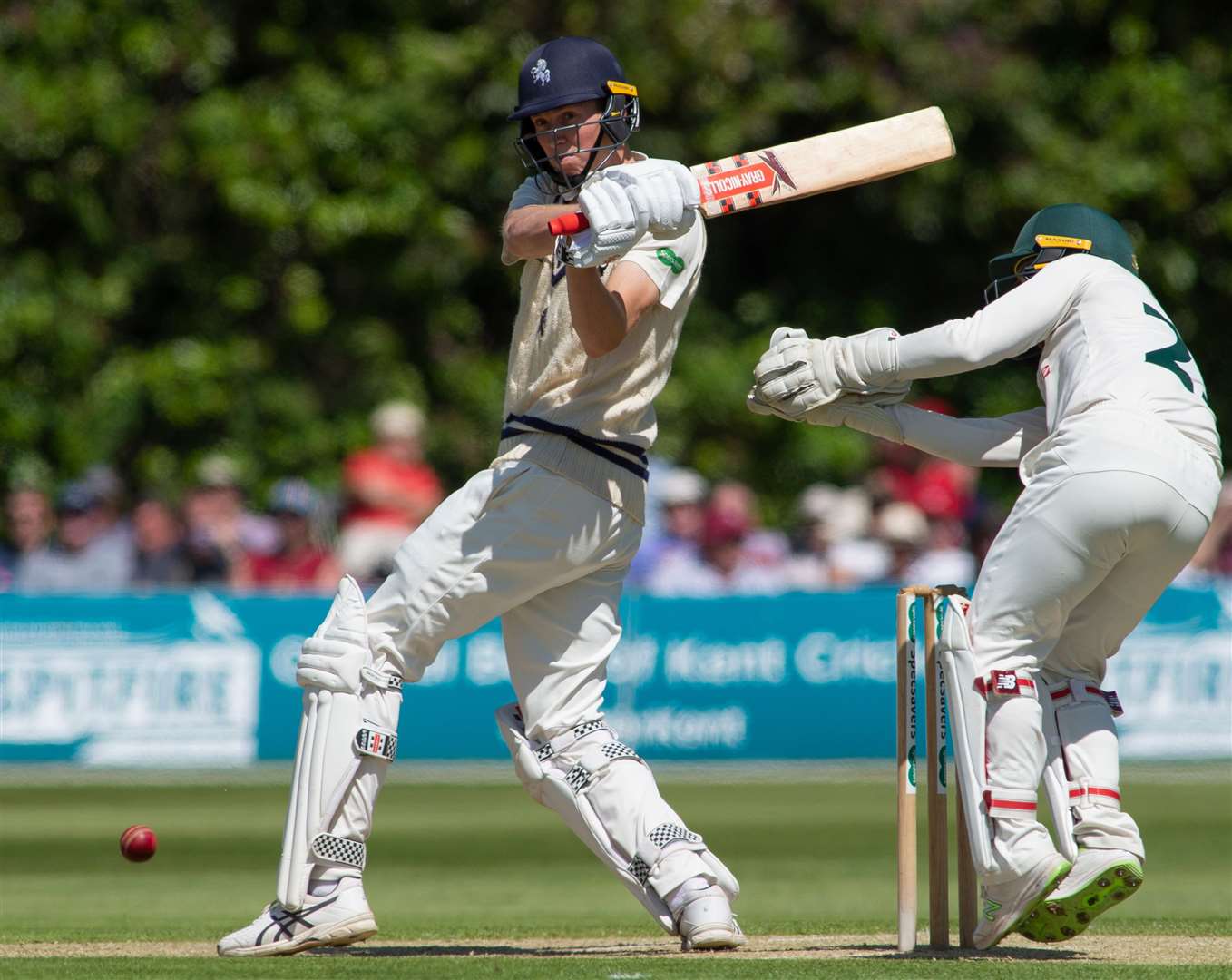 Kent's Zak Crawley pulls a delivery through the legside on the way to his century against Notts.