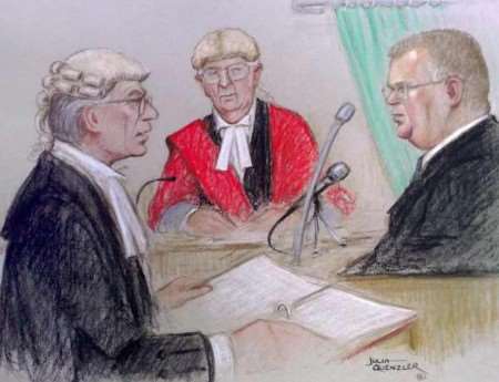 Artist's drawing of Colin Dixon, right, giving evidence at the Old Bailey. Image courtesy JULIA QUENZLER