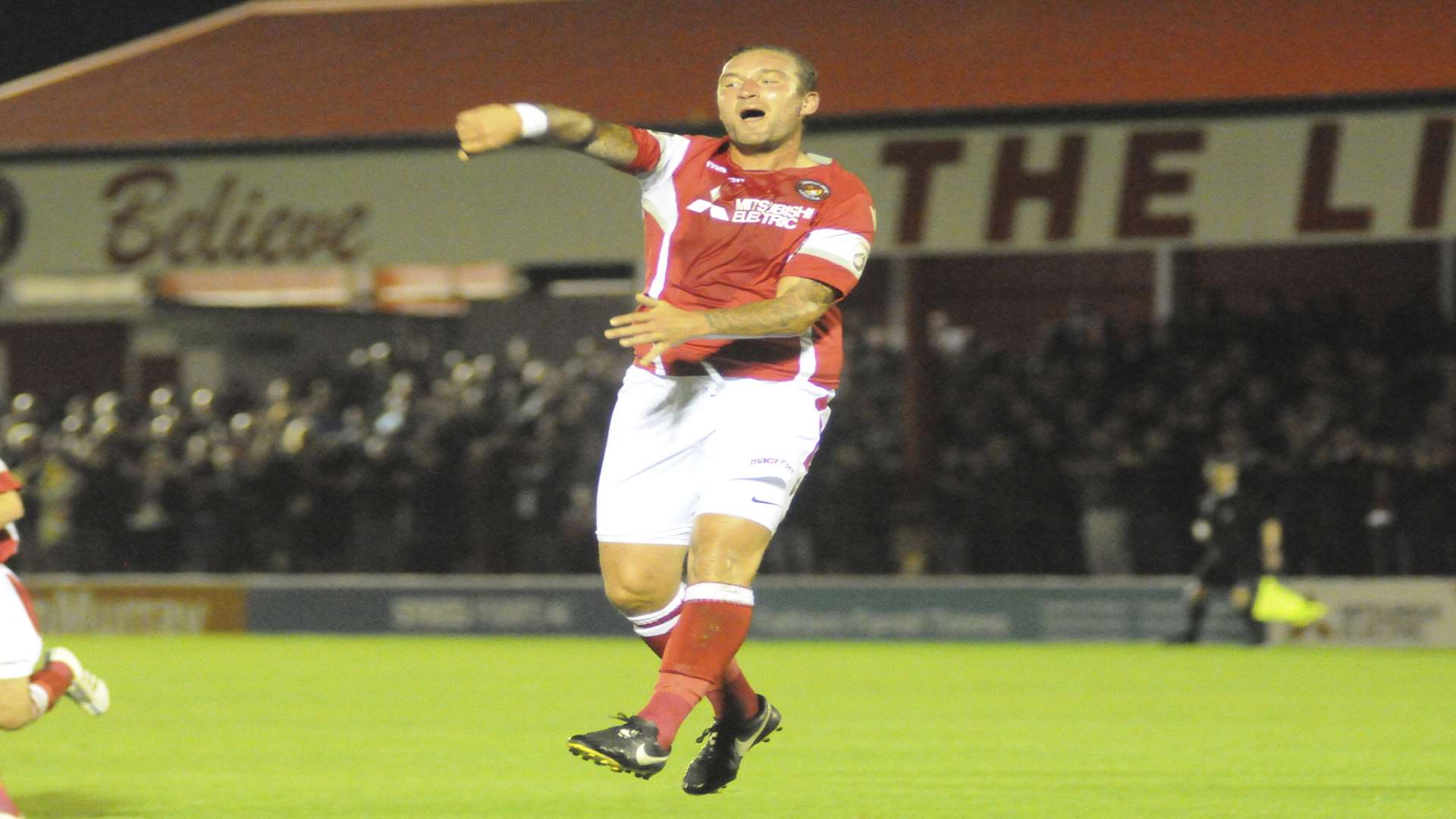 Danny Kedwell jumps for joy after putting Ebbsfleet 1-0 up Picture: Steve Crispe
