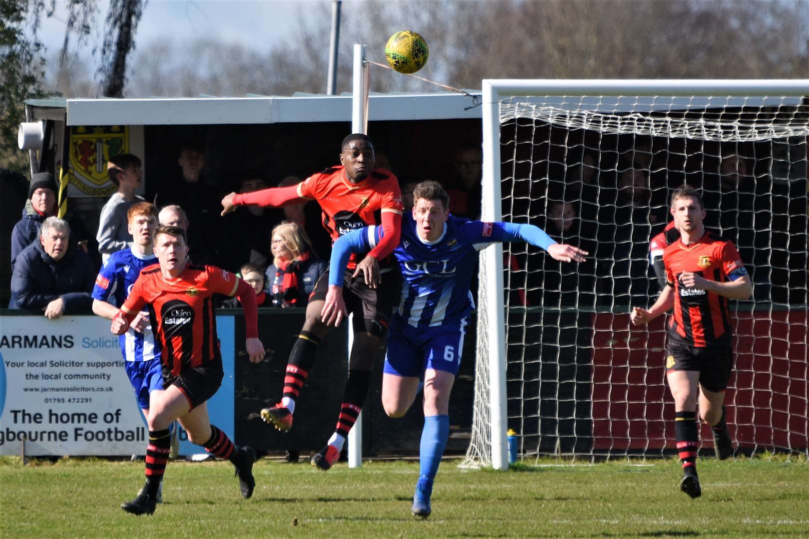 Sittingbourne head clear in the goalless draw with East Grinstead Picture: Ken Medwyn