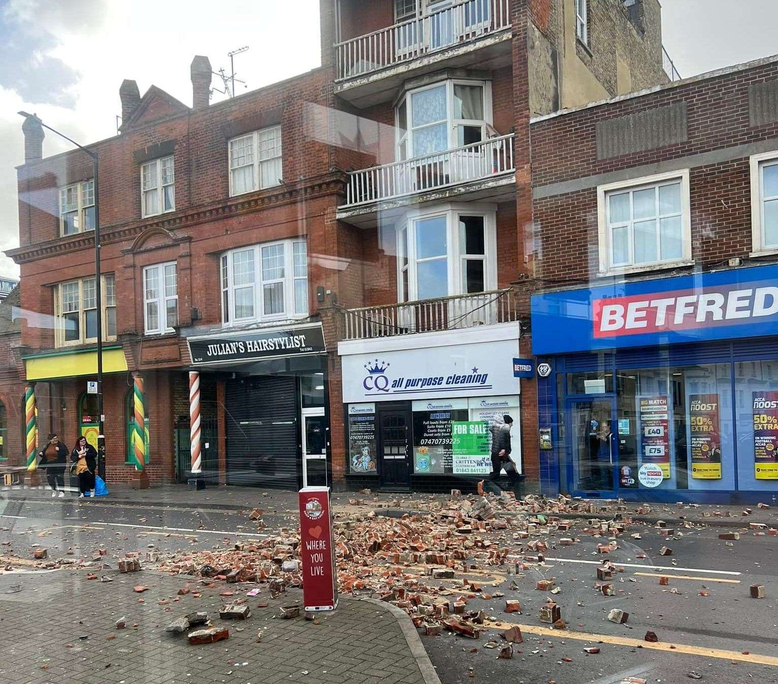 Debris spread across the street as a result of a building collapse in Northdown Road, Margate Picture: Nard Miller