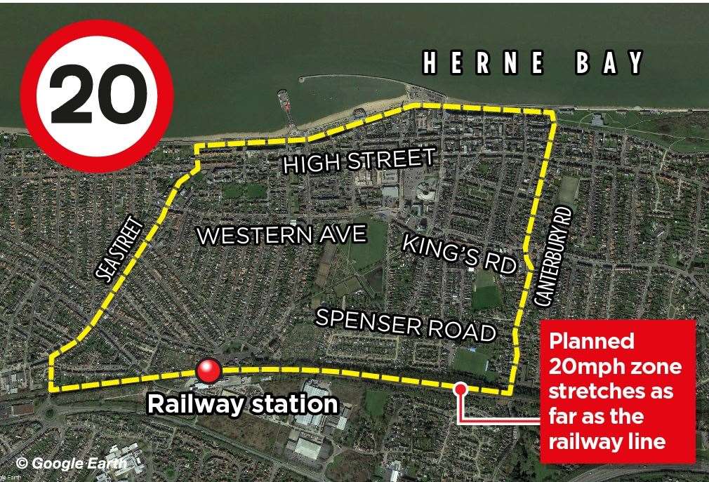 A graphic showing where the 20mph zone could apply across the centre of Herne Bay