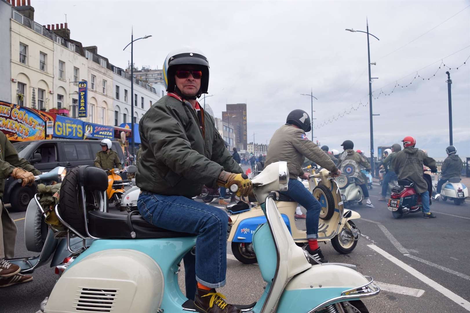 Seventy-five scooters were involved in the procession during filming of Sam Mendes's Empire of Light. Picture: Roberto Fabiani