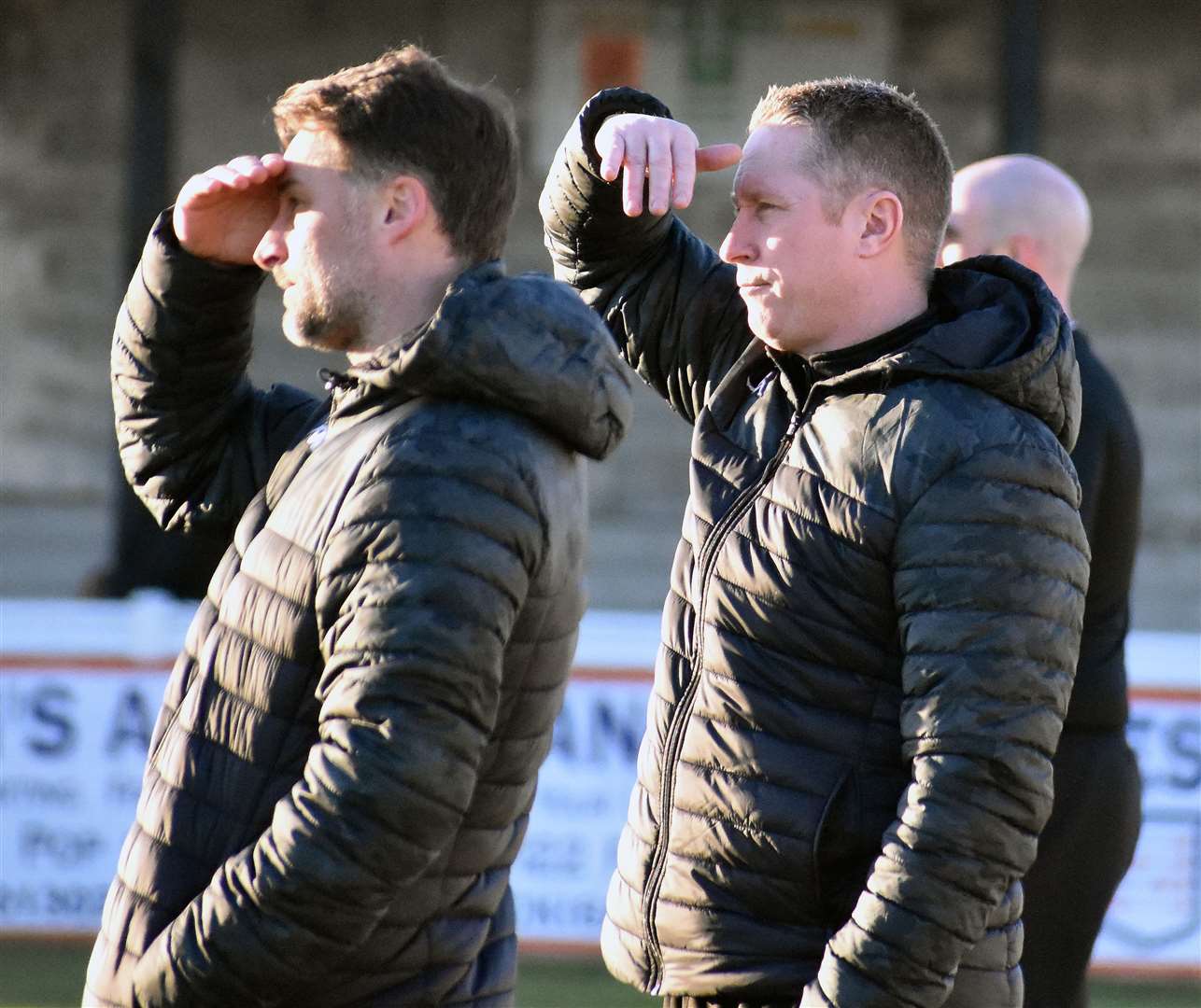 Folkestone head coaches Micheal Everitt, left, and Roland Edge, are still chasing a play-off spot despite losing their star man Picture: Randolph File