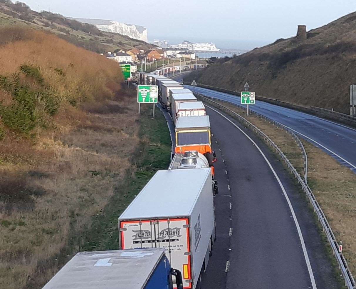 Lorries queuing along the A20 in Dover, when TAP is in operation