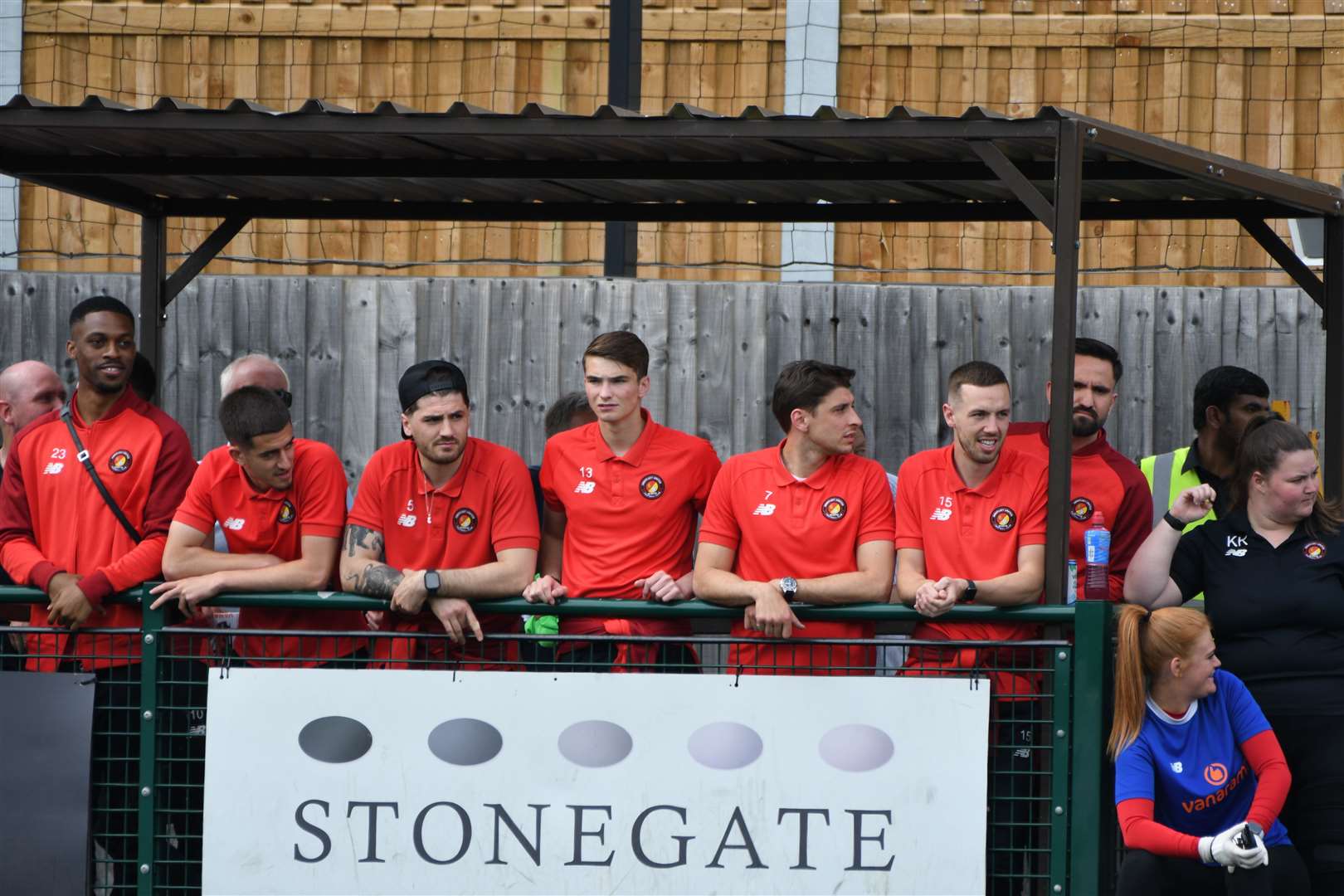 Ebbsfleet's non-playing squad members watch on from the sidelines. Picture: Barry Goodwin