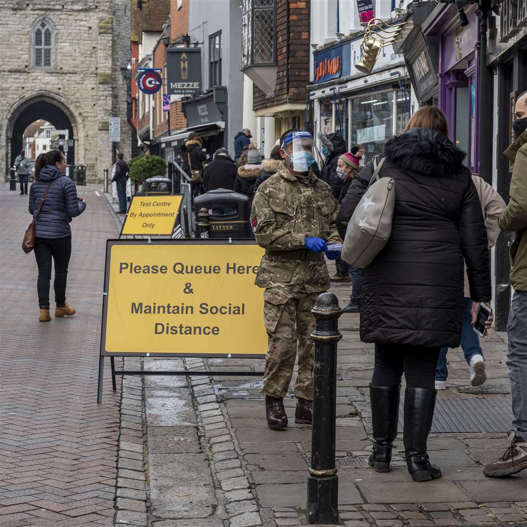 Outside the rapid asymptomatic testing site in St Peter's Street, Canterbury. Picture: Jo Court
