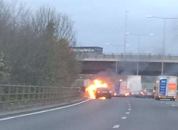 A car fire at junction two of the M25 going anti clockwise. Picture: @noodledoodle123