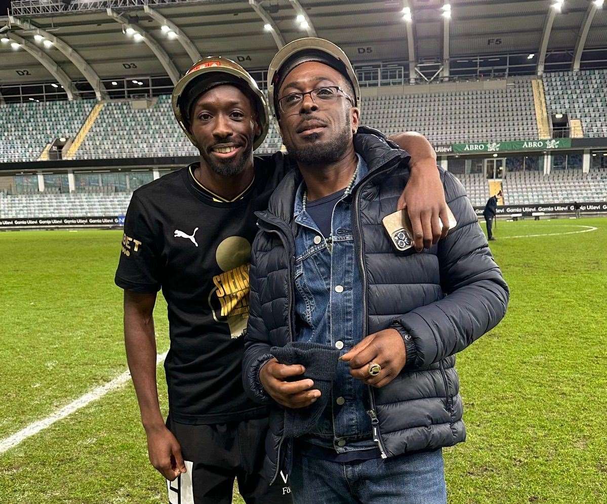Blair Turgott with dad Bobby after Hacken clinched the Allsvenskan title with a 4-0 win at Gothenburg