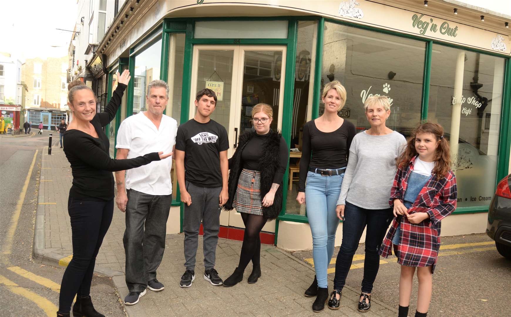 Stacey Goodwin and her family and outside the new vegan chip shop in Albion Street, Broadstairs on Friday. Picture: Chris Davey... (4768994)