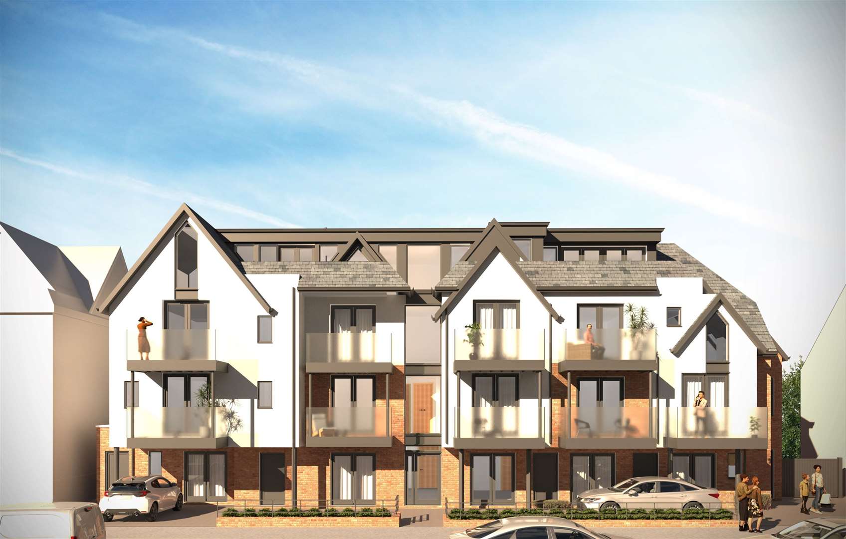 This promotional computer-generated image of the new Herne Bay development shows a red brick building partially painted white, with black pitch roofs and glass balconies. Photo: Miles & Barr