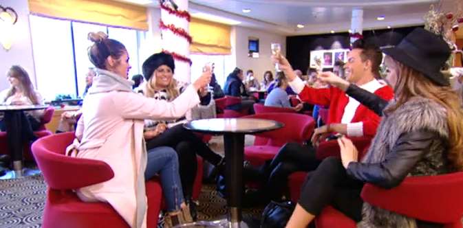 Chloe Sims, Danielle Armstrong, Bobby Norris and Lydia Bright have drinks on-board the ferry. Picture from ITVBe