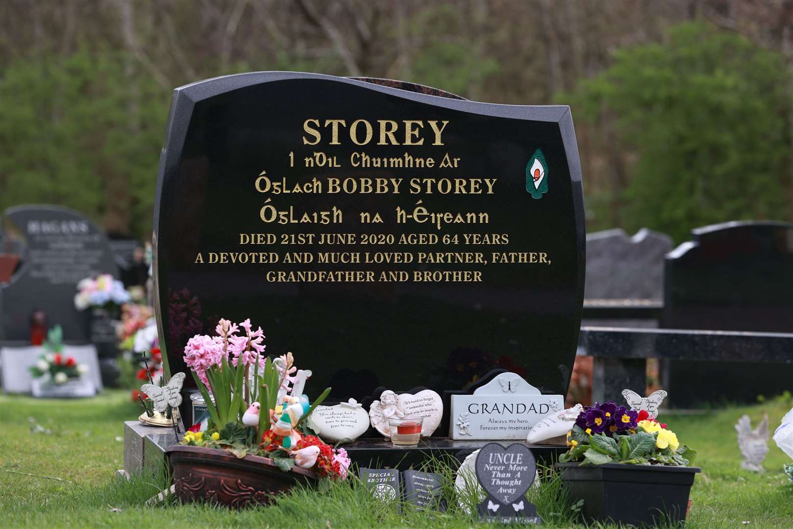 Bobby Storey’s headstone at Milltown Cemetery, west Belfast (Liam McBurney/PA)