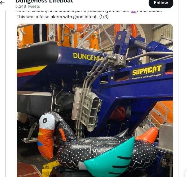 The inflatable bird rescued by the Dungeness RNLI lifeboat crew. Picture: Twitter / Dungeness RNLI