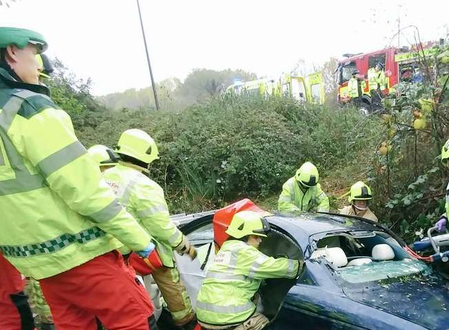 The roof of the car was cut off to reach the driver. Picture courtesy @ambulancemike