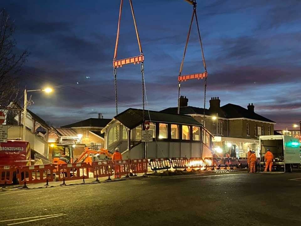 Old pedestrian bridge at Sittingbourne railway station craned out of the way. Picture: Matt Judd