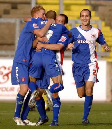 Simon Hackney celebrates after wrapping up the points for Carlisle with a second goal