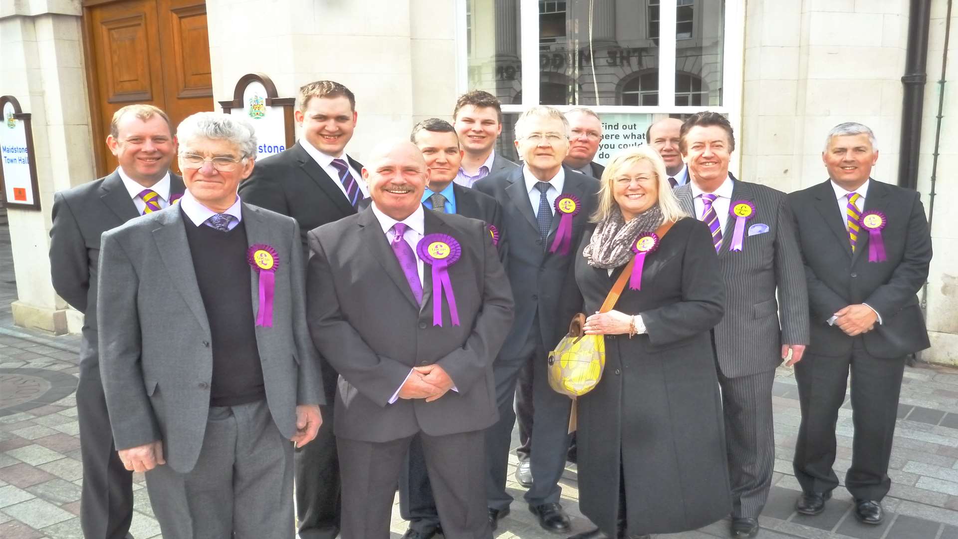 The UKIP candidates gather outside the Town Hall