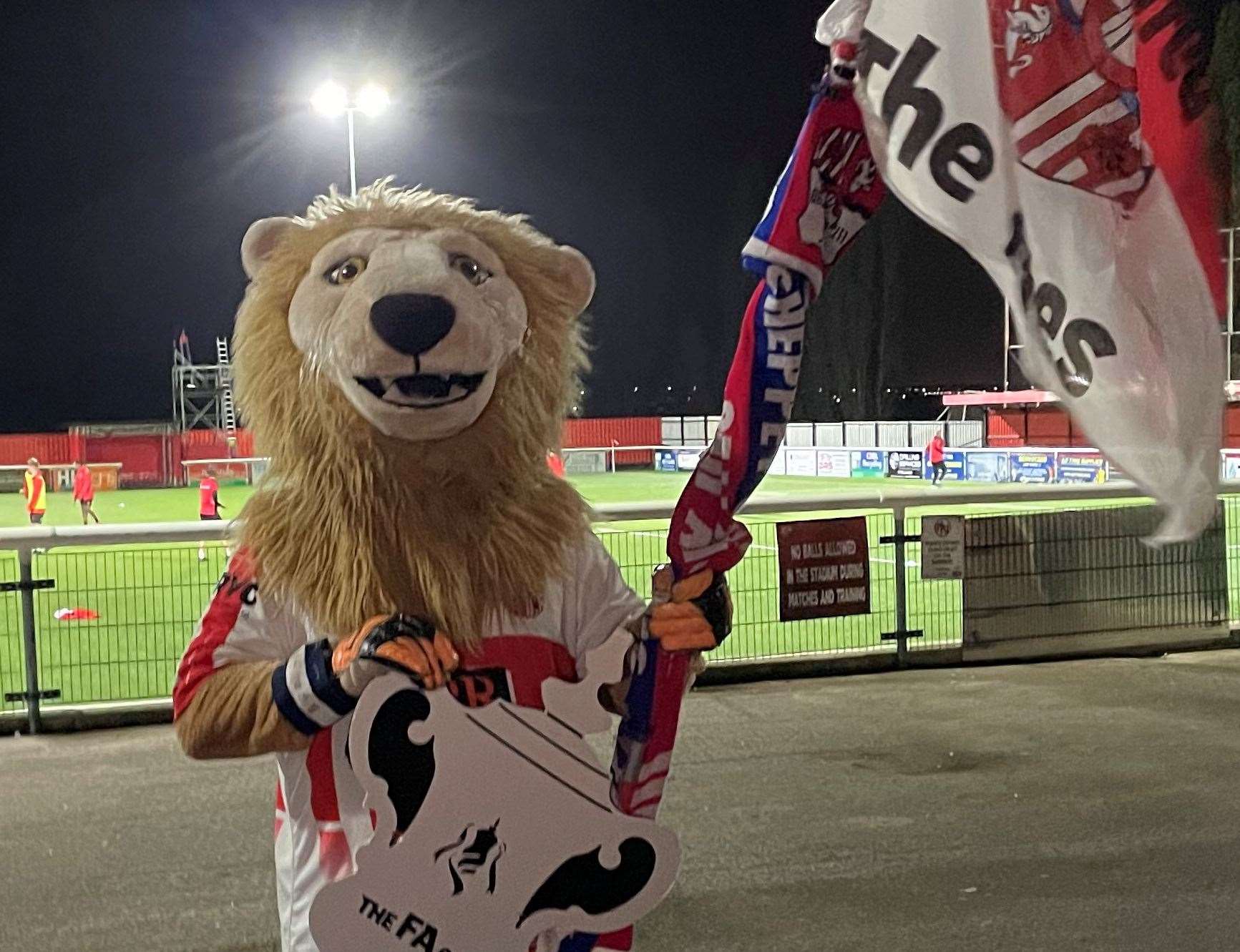 Sheppey's mascot Lenny the Lion ready for the big FA Cup match