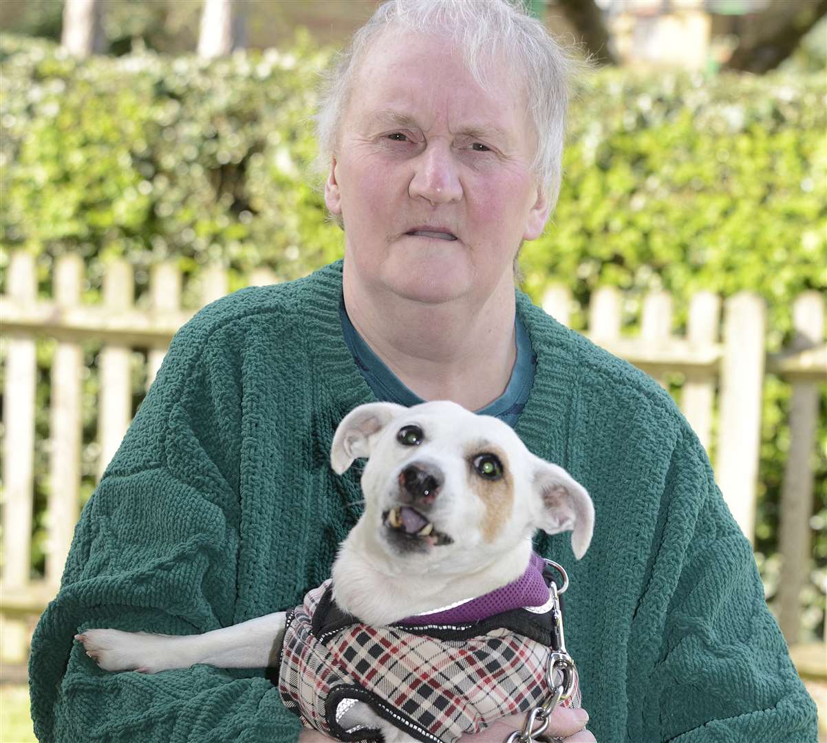 Janet Johnson and her dog which was affected by the council contractors' anti-mould spray