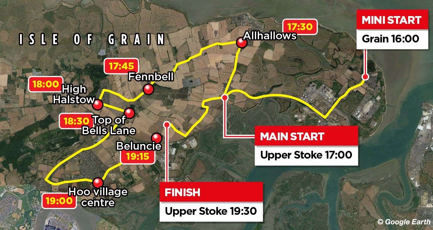 The route and timings of the Hoo Peninsula Tractor Run