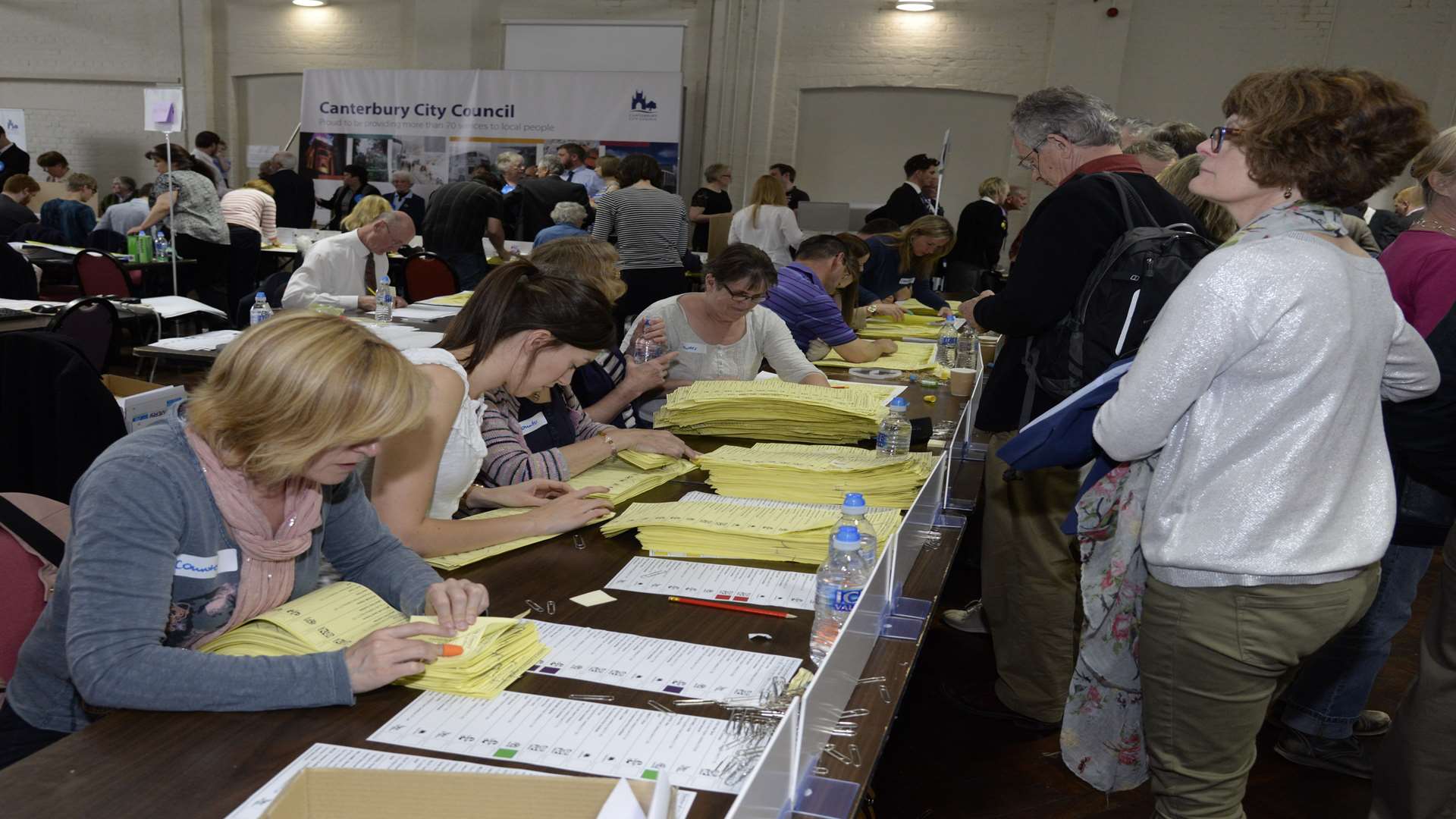 Counters at work in the Westgate Hall during the 2015 city council elections.
