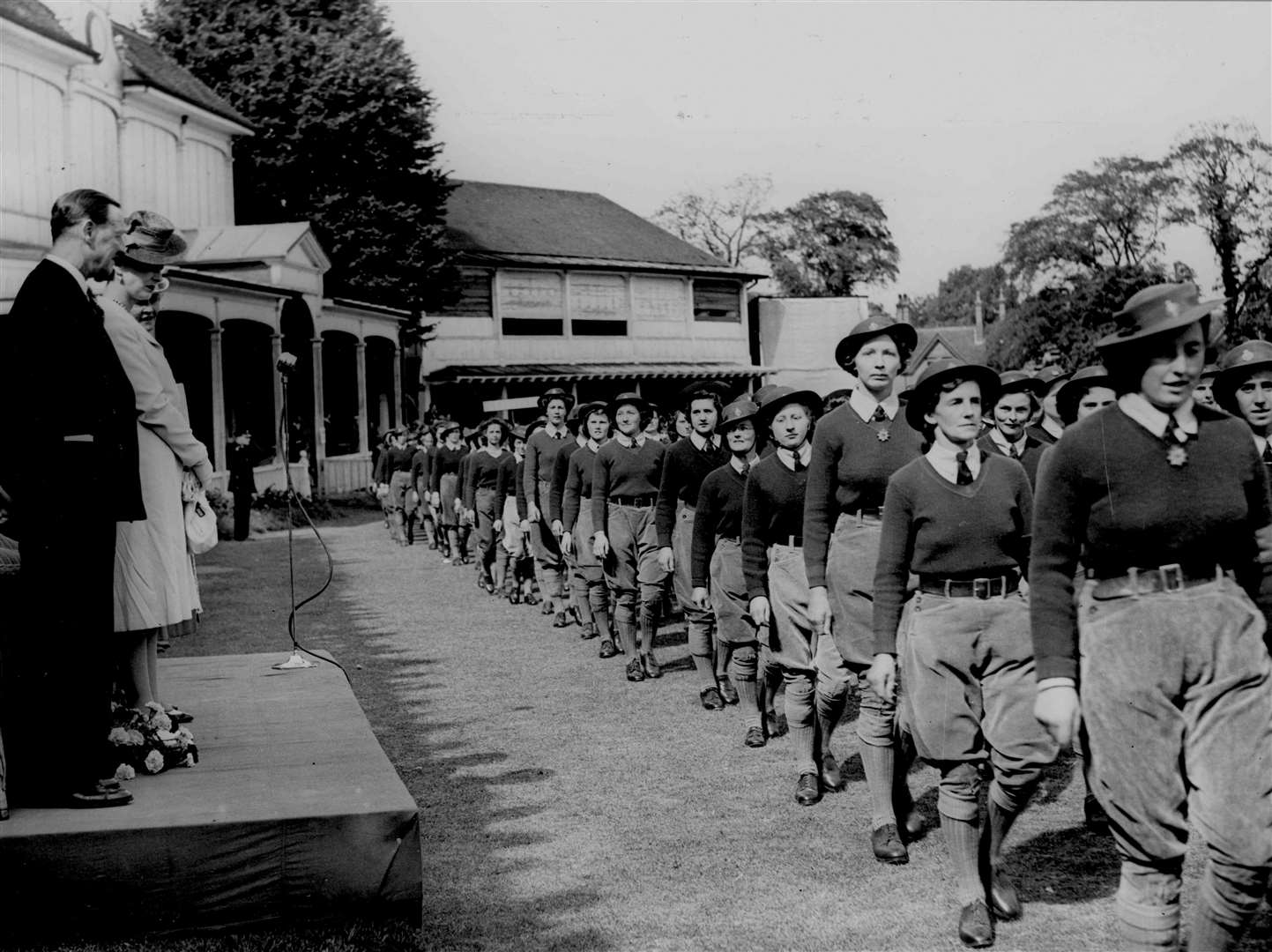 The Duchess of Kent thanks 1,700 Kent Land Girls at a march past and presentation at the St Lawrence Cricket Ground June 29, 1945 in celebration of victory in the Second World War