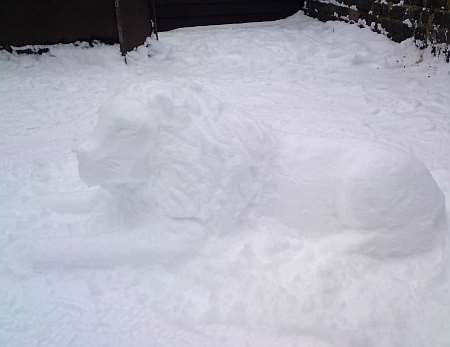 A 4ft snow lion crafted in Ramsgate by Evette Carter using only a butter knife and her bare hands.