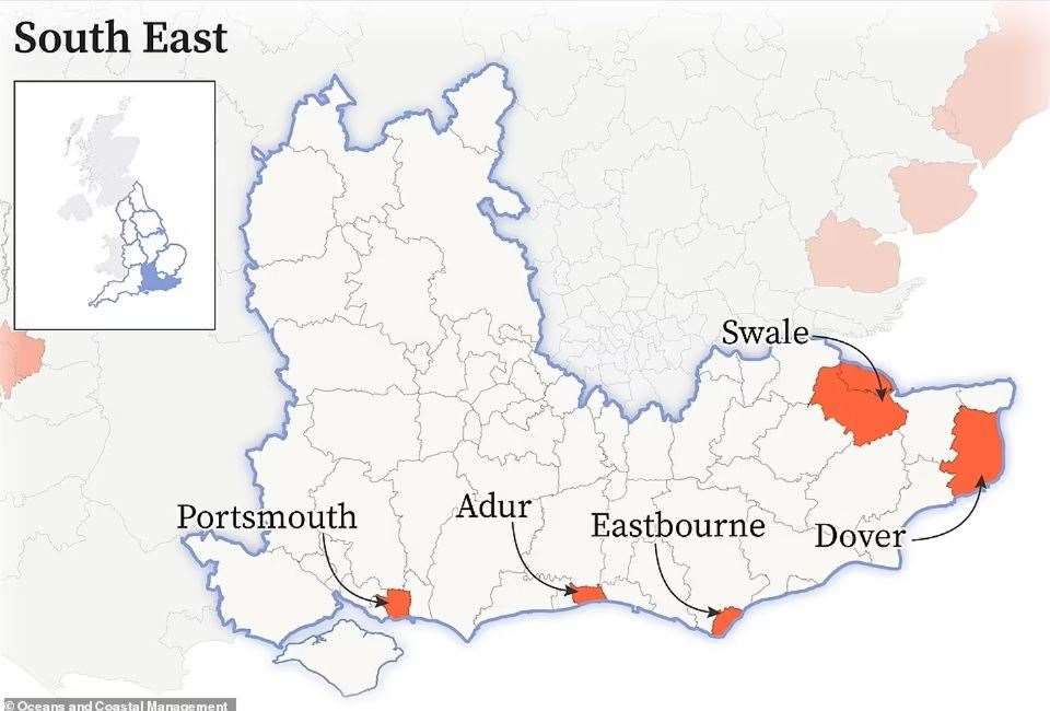 Rising sea levels in the south east highlighting Swale and Dover. Graphic: Ocean and Coastal Management