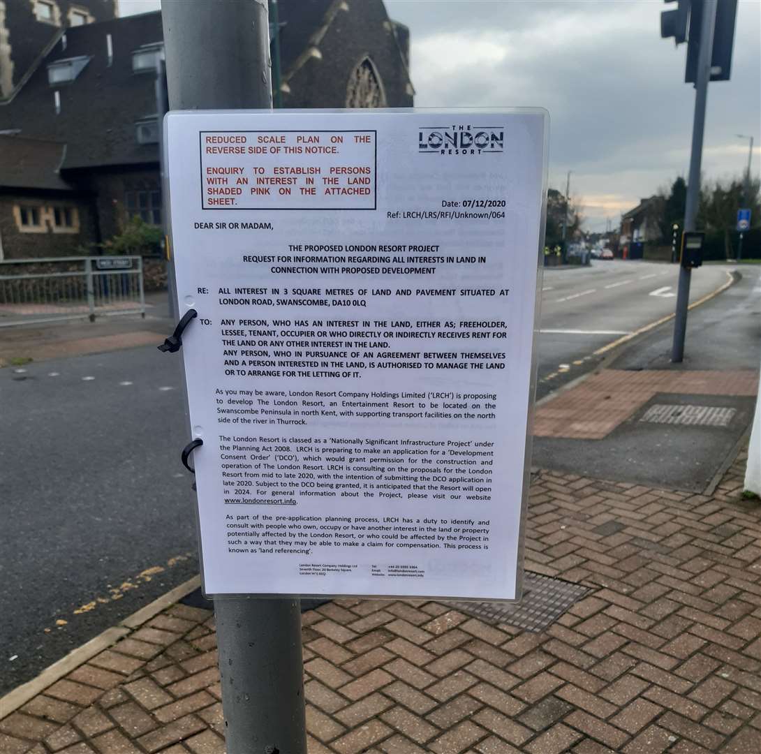 A land referencing request for interested land owners has been pinned outside the George and Dragon pub in Swanscombe