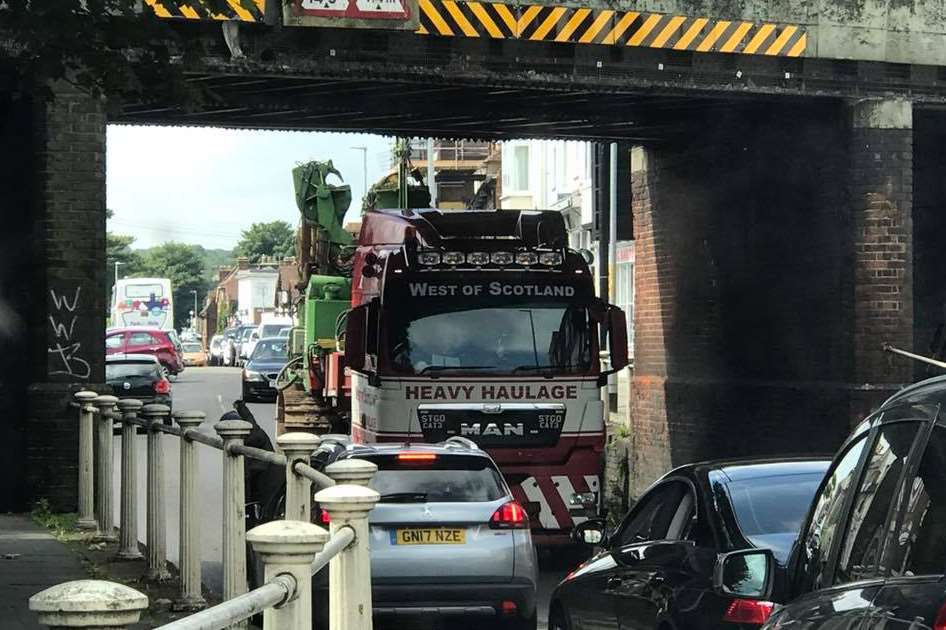 A lorry carrying heavy machinery has hit the Canterbury east railway bridge. Picture: Griselda Mussett