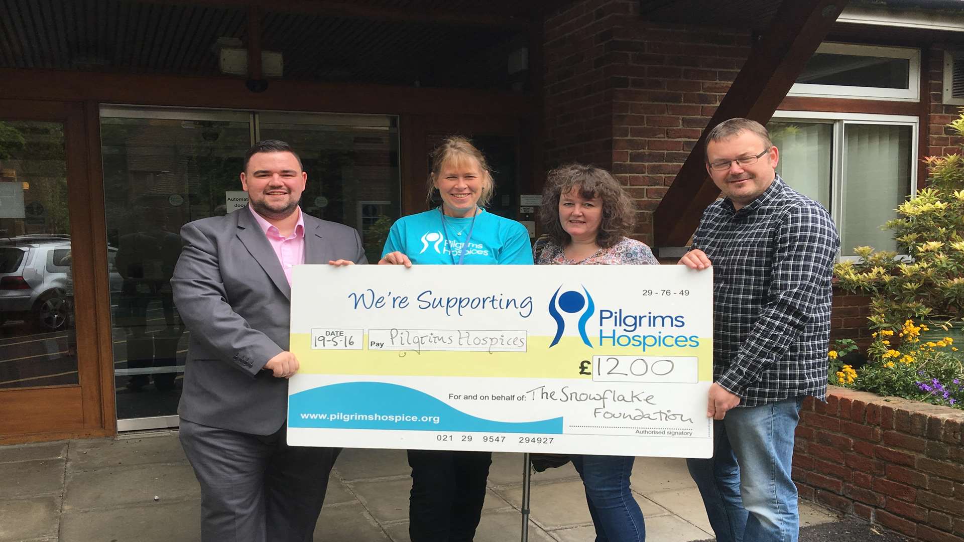 The cheque presentation from the Snowflake Foundation to Pilgrims Hospices.From left, Snowflake chairman Andrew Martyn, Deborah Kellond (corr), of Pilgrim's Hospices, Snowflake members Liz Grant and Gordon Bishop
