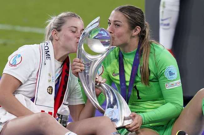 England goalkeeper Mary Earps celebrates European Championship success at Wembley with Maidstone star Alessia Russo. Picture: PA