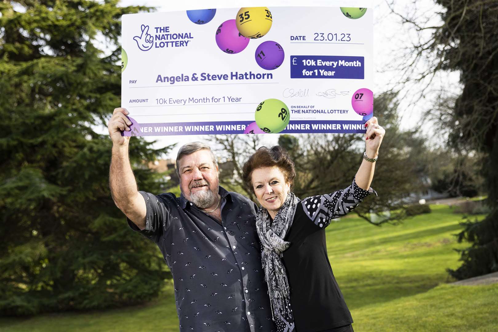 Angela and Steve Hathorn from Orpington celebrate winning £10,000 every month for a year on The National Lottery Set For Life. Picture: James Robinson/Camelot