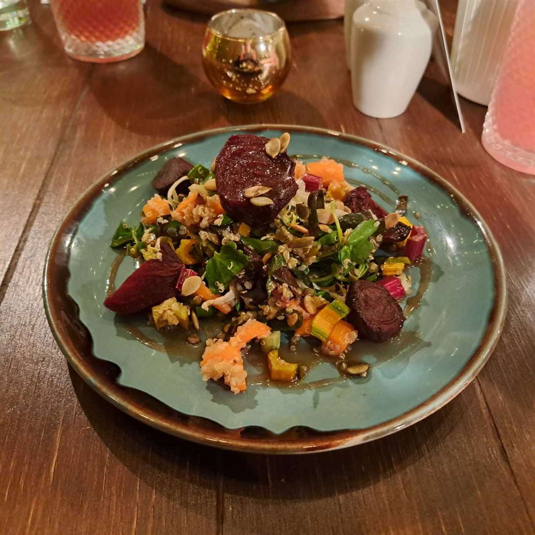 Ruby chard, grains, pickled carrot, roasted beetroot and pomegranate dressing starter