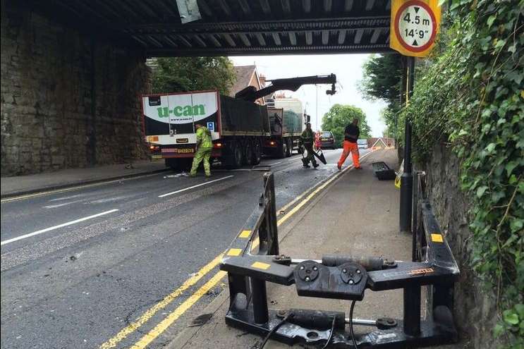 Machinery on the road after a lorry hit a bridge in Sevenoaks. Picture: Catherine Stratford